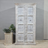 Antique Indian Hand Carved Solid Wooden Old Door Wardrobe Cabinet Whitewash 100x45x190cm